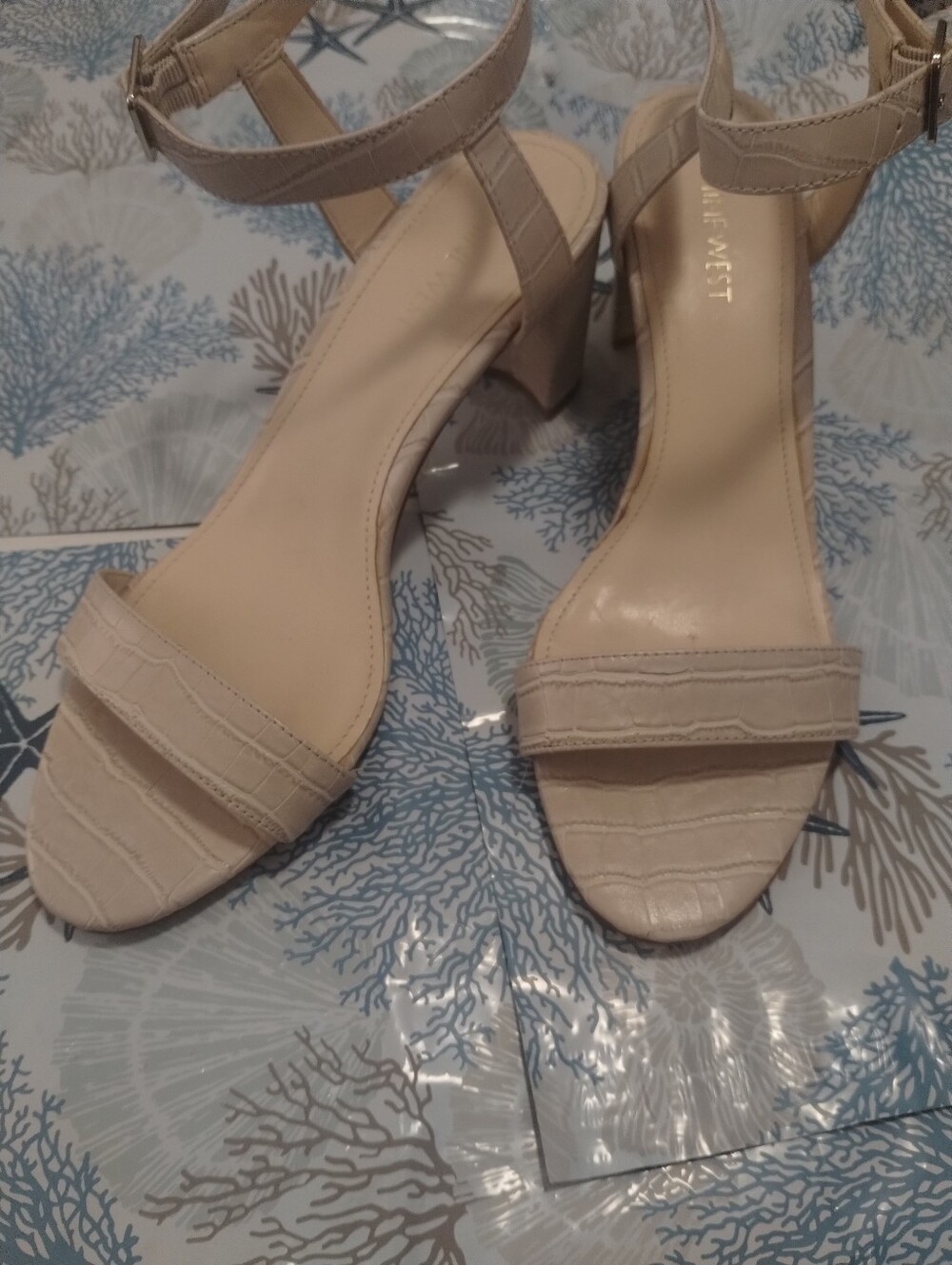 Women’s  Nine West Ankle-Strap   Faux Alligator/ Croc Sandals — Beige